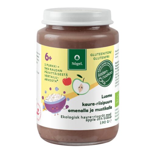 Rautainen luomu kaura-riisipuuro omenalla ja mustikalla, 190 g