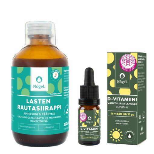 Lasten pakkaus: Lasten rautasiirappi 6 kk alkaen, appelsiini ja päärynä, 250 ml, 25 mg/10 ml ja D3-vitamiini vauvoille ja lapsille, oliiviöljy, 440 IU/11 μg, 10 ml