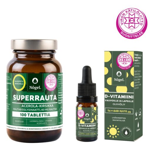 Odottavan äidin pakkaus: Superrauta 60 mg ja D3-vitamiini vauvoille ja lapsille, oliiviöljy, 440 IU/11 μg, 10 ml