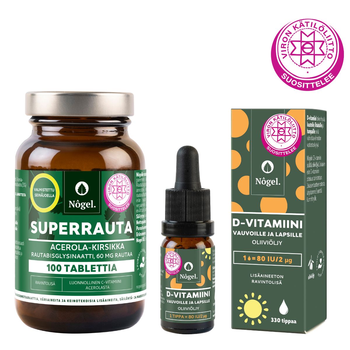 Odottavan äidin pakkaus 3: Superrauta 60 mg ja D-vitamiini vauvoille ja lapsille, oliiviöljy, 80 IU, 10 ml