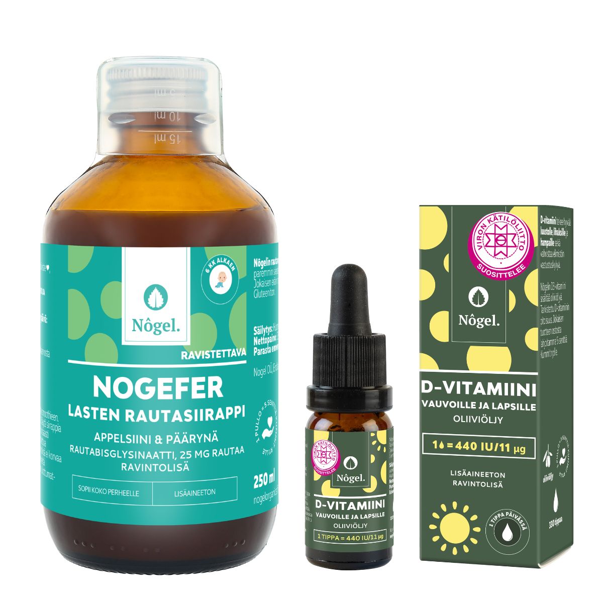 Lasten pakkaus: NOGEFER Lasten rautasiirappi 6 kk alkaen, appelsiini ja päärynä, 250 ml, 25 mg/10 ml ja D-vitamiini vauvoille ja lapsille, oliiviöljy, 440 IU/11 μg, 10 ml